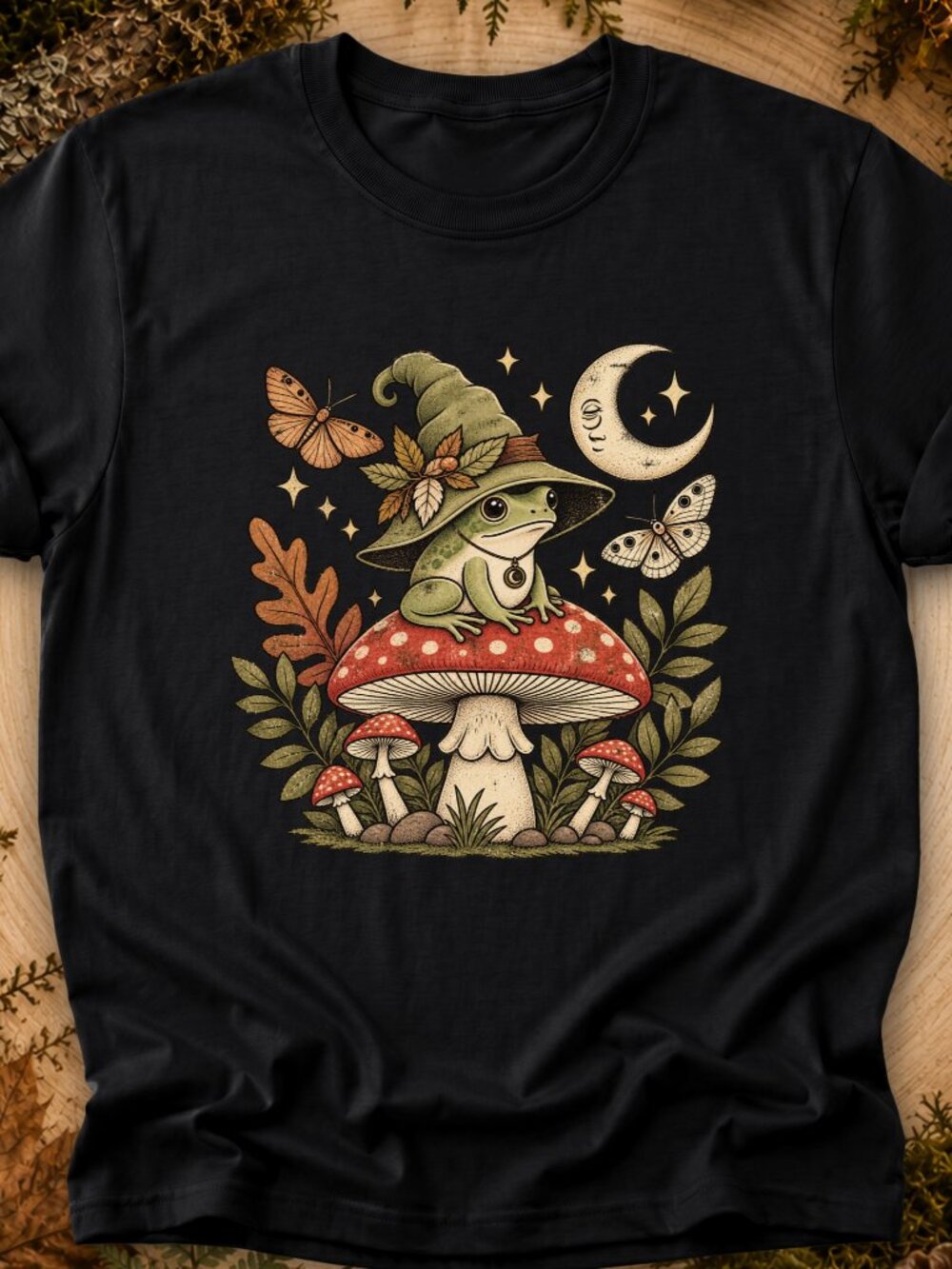 Magical Frog On Toadstool TShirt Graphic Tee Whimsy Forest Moth Moon Nature